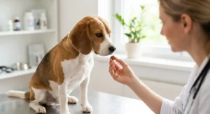 Weterynarz podaje psu rasy beagle tabletkę na kleszcze w gabinecie weterynaryjnym.
