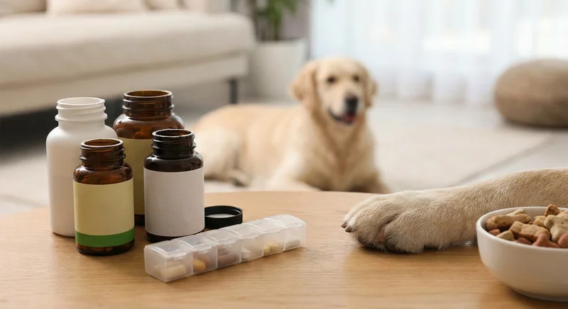 Butelki z lekami, organizer i psia łapa na stole, w tle leżący golden retriever.
