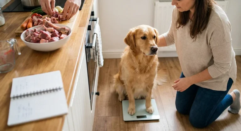 Golden retriever siedzący na wadze obok klęczącej kobiety, a na kuchennym blacie miska z surowym mięsem.