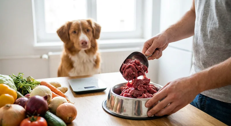 Mężczyzna odmierza surowe mięso do miski dla psa. Obok leżą świeże warzywa i waga kuchenna, w tle patrzy pies.