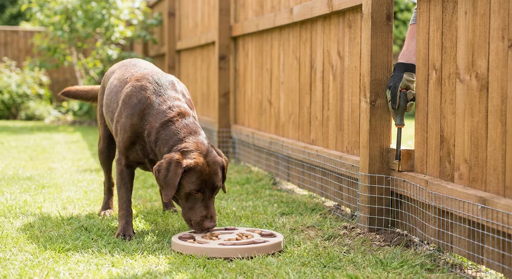 Czekoladowy labrador z zabawką węchową na trawie obok montowanej przy płocie siatki przeciw podkopom.