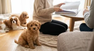 Hodowca i nabywca przeglądają dokumenty medyczne w obecności szczeniaka cavapoo, cavaliera i pudla.