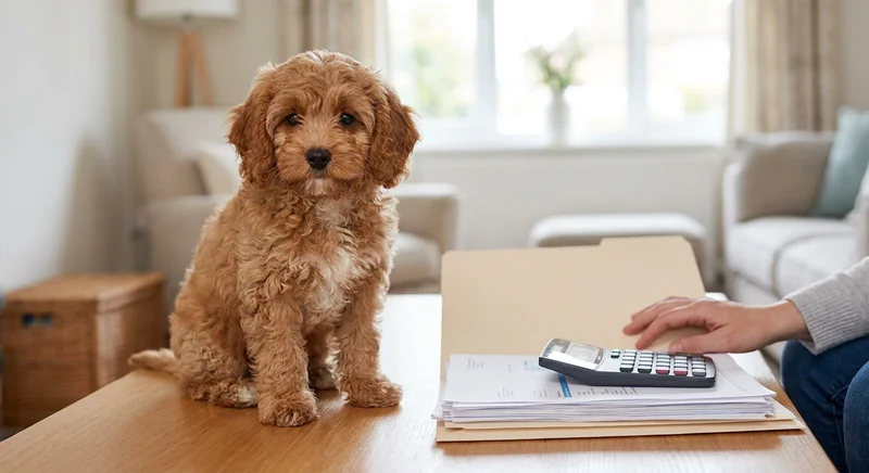 Szczeniak cavapoo siedzący na stole obok kalkulatora i dokumentów finansowych.