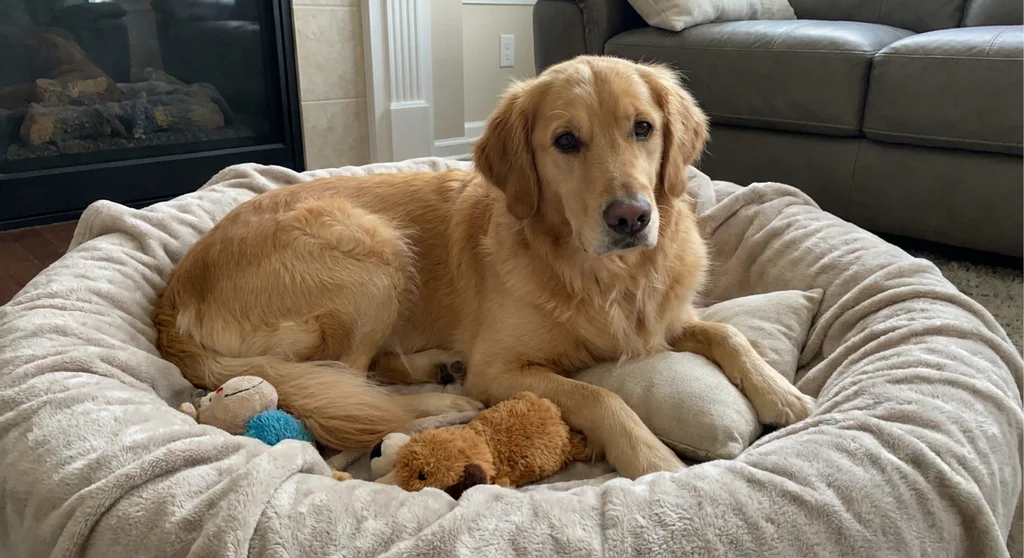 Golden retriever leżący w miękkim legowisku ze zgromadzonymi pluszowymi zabawkami.