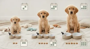 Trzy rosnące szczeniaki golden retrievera z ikonami kalendarza, ilustrujące harmonogram odrobaczania.