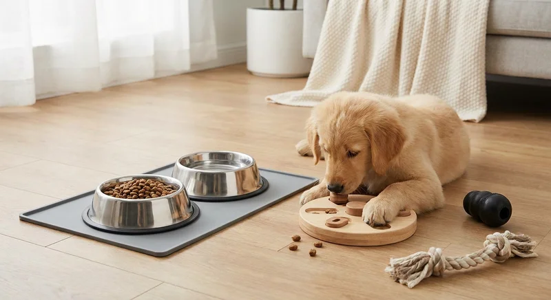 Szczeniak golden retrievera obok dwóch metalowych misek i drewnianej zabawki edukacyjnej.