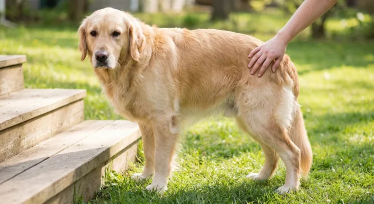 Golden retriever stoi przy drewnianych schodach z ludzką dłonią na jego biodrze.