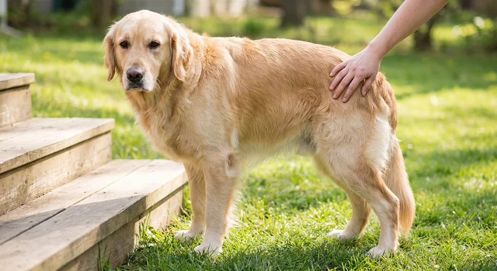 Golden retriever stoi przy drewnianych schodach z ludzką dłonią na jego biodrze.