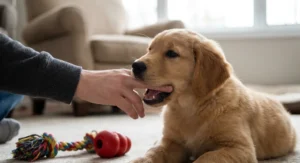 Szczeniak golden retrievera podgryza palec człowieka. Obok na dywanie leżą szarpak i czerwony kong.
