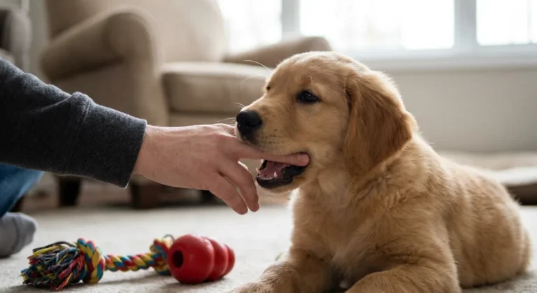 Szczeniak golden retrievera podgryza palec człowieka. Obok na dywanie leżą szarpak i czerwony kong.