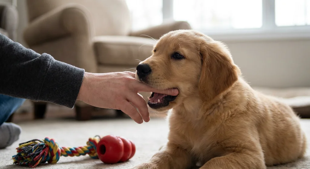Szczeniak golden retrievera podgryza palec człowieka. Obok na dywanie leżą szarpak i czerwony kong.