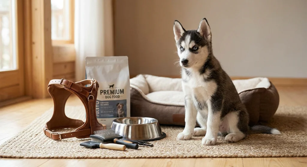 Szczeniak siberian husky obok elementów wyprawki: legowiska, karmy, miski, skórzanych szelek i szczotek.