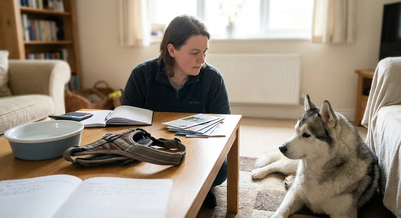Kobieta oblicza koszty przy stoliku z kalkulatorem i notesem, a obok leży pies rasy husky.