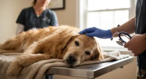 Golden retriever leżący na stole weterynaryjnym, łagodnie głaskany po głowie przez weterynarza ze stetoskopem.