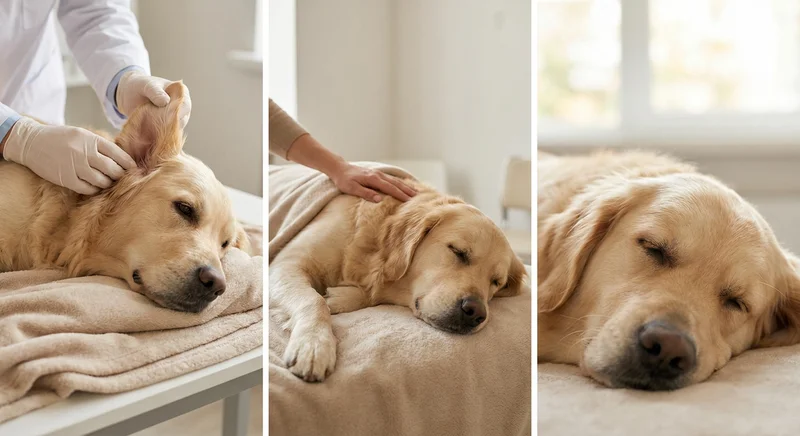 Weterynarz bada ucho psa, czuła dłoń gładzi śpiącego golden retrievera, zbliżenie na jego spokojny pysk.