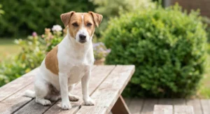 Dorosły pies rasy Jack Russell Terrier siedzący na drewnianym stole w ogrodzie.