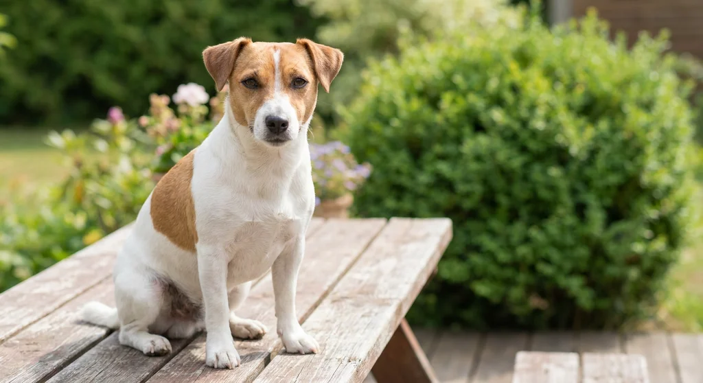 Dorosły pies rasy Jack Russell Terrier siedzący na drewnianym stole w ogrodzie.