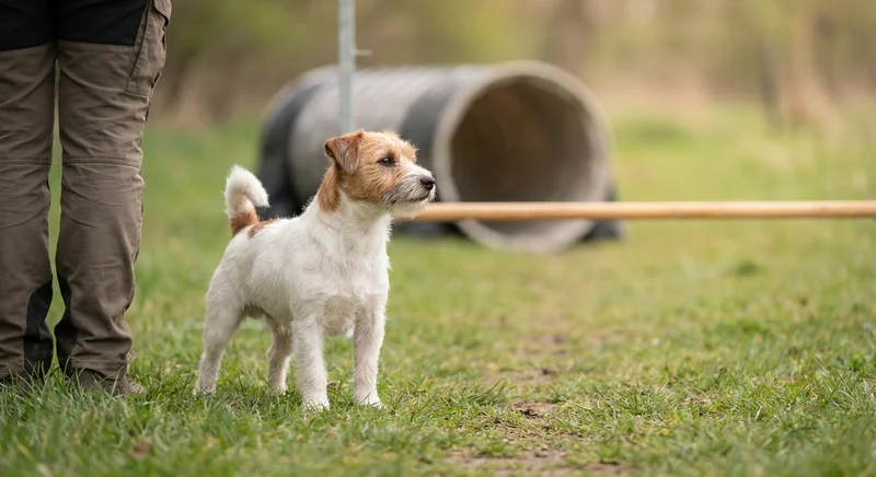 Młody, dorosły Jack Russell terrier stoi na trawie przy nodze przewodnika na placu treningowym.