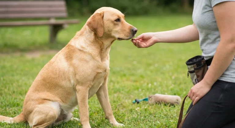 Siedzący biszkoptowy labrador przyjmuje smakołyk z dłoni trenera. Na trawie leży aport.