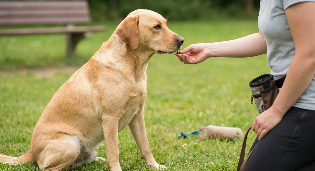 Siedzący biszkoptowy labrador przyjmuje smakołyk z dłoni trenera. Na trawie leży aport.