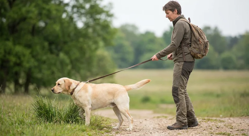 Kobieta prowadzi biszkoptowego labradora na smyczy podczas spaceru na polnej ścieżce.