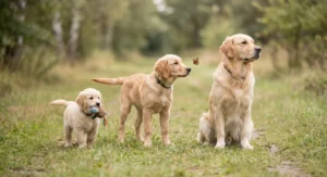 Trzy golden retrievery na różnych etapach życia: mały szczeniak, dorastający pies i dorosły osobnik.