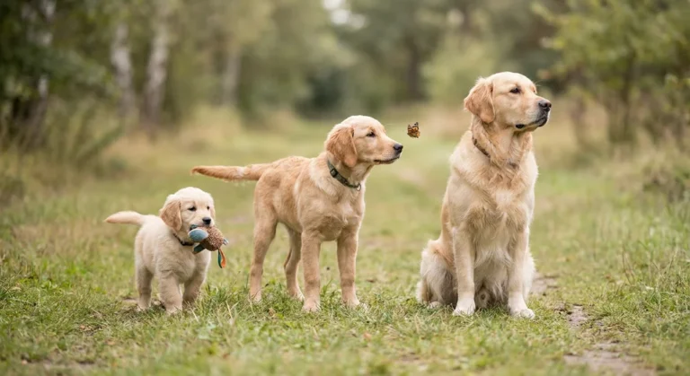 Trzy golden retrievery na różnych etapach życia: mały szczeniak, dorastający pies i dorosły osobnik.