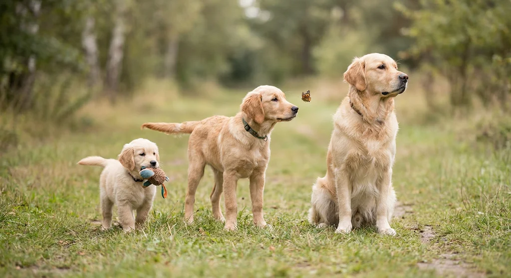Trzy golden retrievery na różnych etapach życia: mały szczeniak, dorastający pies i dorosły osobnik.