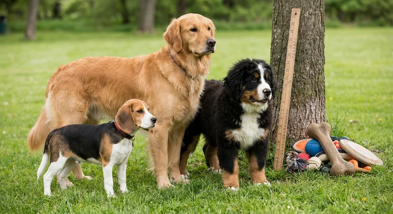 Trzy psy różnych ras i wielkości: beagle, golden retriever i szczenię berneńczyka stoją na trawie obok miarki.