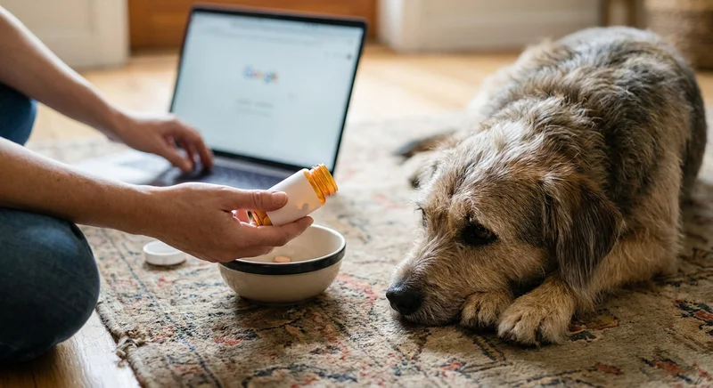 Osoba szukająca informacji w laptopie przygotowuje lek z buteleczki dla leżącego obok psa.