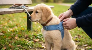 Opiekun zakłada niebieskie szelki szczeniakowi golden retrievera w brązowej obroży.