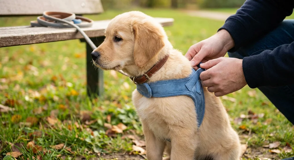 Opiekun zakłada niebieskie szelki szczeniakowi golden retrievera w brązowej obroży.