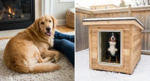 Golden retriever na dywanie w ciepłym domu oraz berneński pies pasterski w ocieplonej budzie na ośnieżonym podwórku.