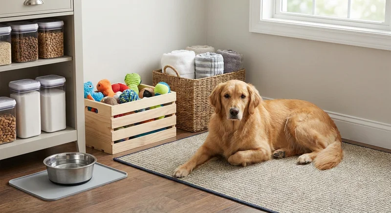 Golden retriever odpoczywa na dywaniku w przytulnym, uporządkowanym kąciku dla psa w domu.